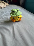 Chick wearing a frog hat